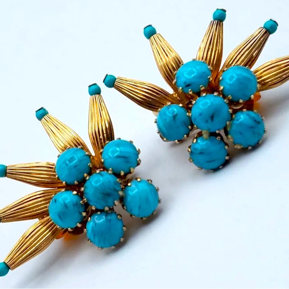 Vintage Retired Hobé Starburst Earrings 1950s Gold And Faux Turquoise